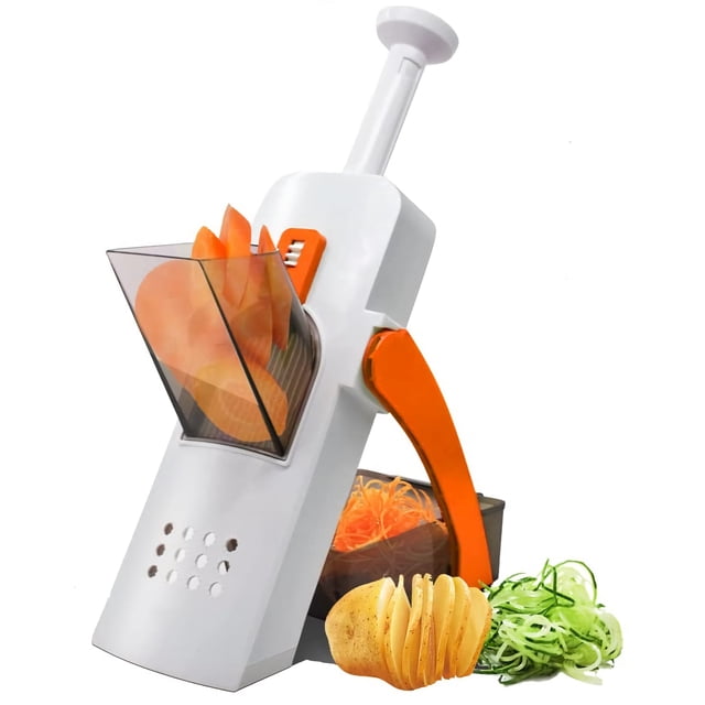 Mandoline Trancheuse de Légumes Multifonctionnelle Sécuritaire, Hachoir Alimentaire Réglable, gadget de Cuisine Polyvalent au design Blanc et orange, Doté d'Une Poignée Rabattable et d'Un Contenant transparent Tenant les Légumes Tranchés. Comprend des Pieds Pliables pour un Rangement compact et un Protège-Lame pour la Sécurité. Conçu pour Trancher, Couper en dés, Hacher Ou julienning les Légumes avec Plus de 30 options de Tranchage Préréglées et une Épaisseur Réglable de 1 à 8 mm.