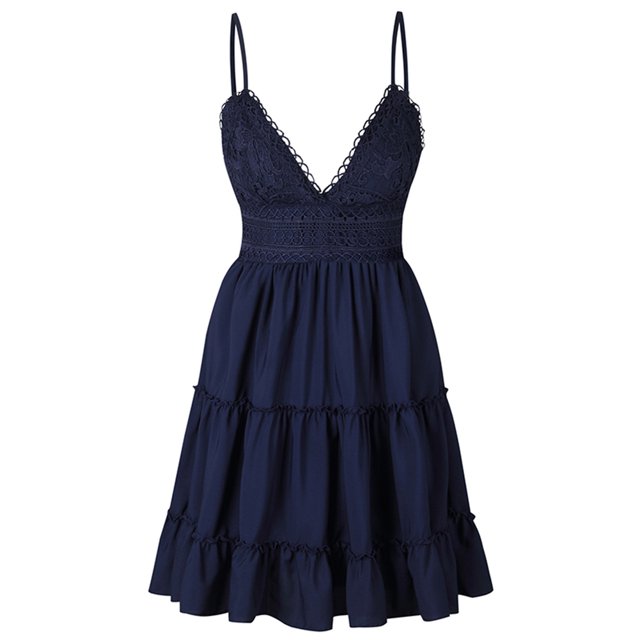 CAROOTU Lace Slip Dress Piecing Backless Bowknot V Neck Spaghetti Strap Above Knee Length Dress
