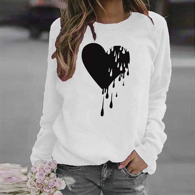 Women's Love Pattern Print Long Sleeve Round Neck Sweatshirt T-shirt Tops