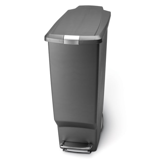 Simplehuman 40 Liter / 10.6 Gallon Slim Trash Can, a gray plastic garbage bin with a secure slide lock, ideal for kitchens and tight spaces. Features a durable steel pedal, patented lid shox technology for silent closing, and compatibility with code K liners for a cleaner trash experience.