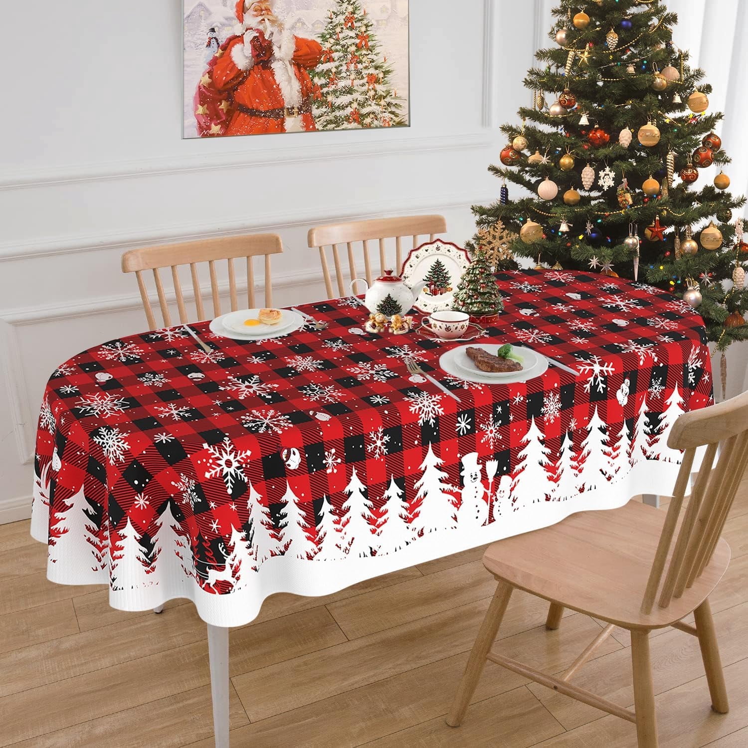 Oval Christmas Tablecloth 60x120 Inch, Winter Snowflake Christmas Plaid Tablecloth Oval, Holiday Christmas Table Cloths Oval, Xmas Oval Table Cover Decor