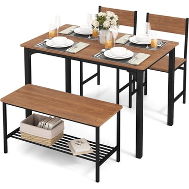 Gymax Ensemble de Salle à Manger 4 Pcs Bureau Rustique 2 Chaises et Banc avec Étagère de Rangement Brun