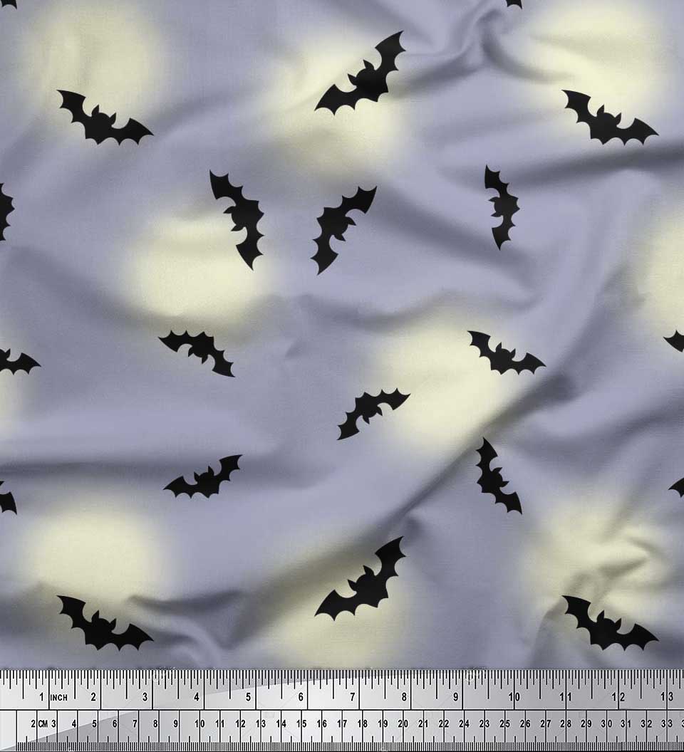 Soimoi Rayon Crepe Fabric Moon & Bat Halloween Printed Fabric 1 Yard 46 Inch Wide