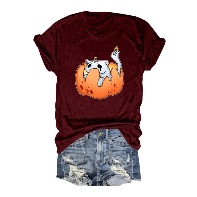 T-shirt Décontracté à Manches Courtes pour Femme avec Imprimé Graphique d'Halloween, Col Rond, pour le Printemps et l'Été, Activités Extérieures et Usage Quotidien