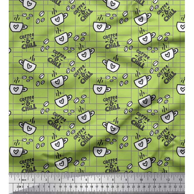 Soimoi Green Heavy Canvas Fabric Coffee & CHill Text Fabric Prints By Yard 58 Inch Wide