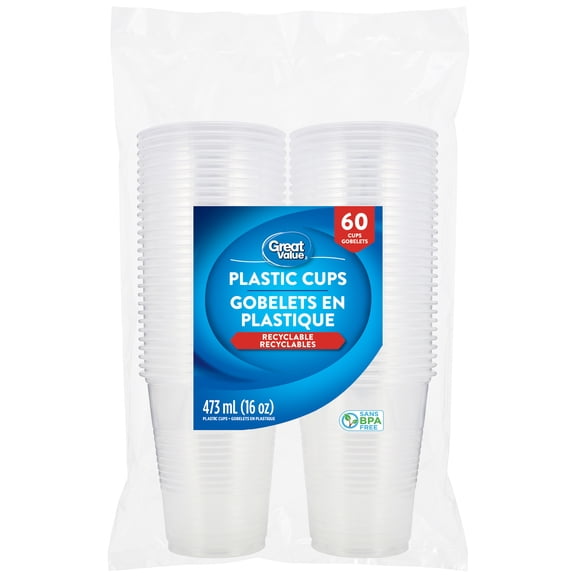 Great Value Recyclable Plastic Cups , 60 cups, 473 mL (16 oz)