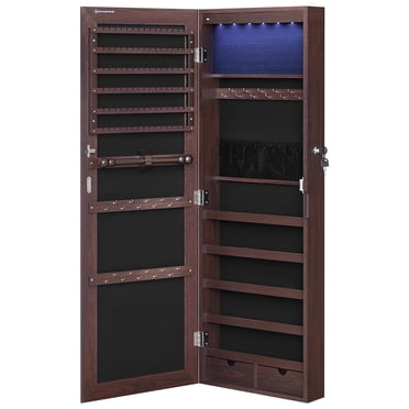 SONGMICS Hanging Jewelry Cabinet, Wall-Mounted Cabinet with LED Interior Lights, Door-Mounted, Brown UJJC99BR