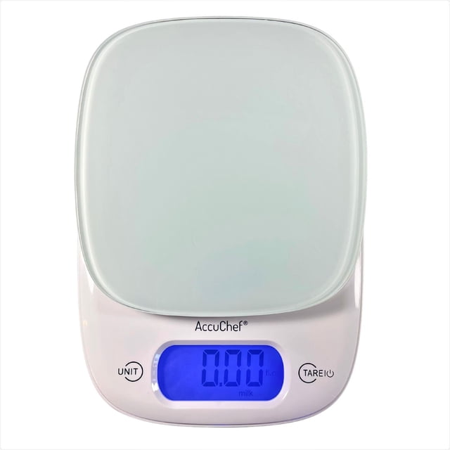 AccuChef Digital Kitchen Scale with tempered glass platform in white, featuring a blue backlit display showing 0.00 fl.oz milk, touch-sensitive unit and tare buttons, designed for precise food and ingredient measurement up to 11 lbs.