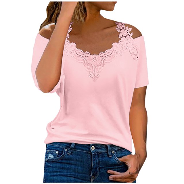 Yuyuzo Womens Cold Shoulder Top Summer V Neck T Shirts Short Sleeve Shirts Solid Color Blouses Shirt