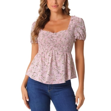 INSPIRE CHIC Women's Peplum Top Short Sleeves Sweetheart Neck Shirred Floral Blouse XS Pink