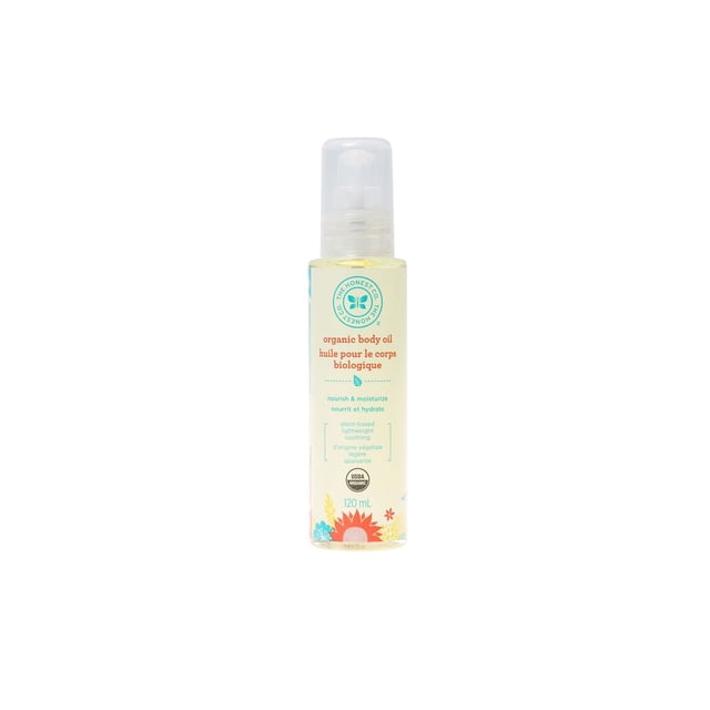 The Honest Company Huile Corporelle Biologique en Bouteille Pompe Transparente de 120 ml avec Huile Jaune Pâle Fabriquée à Partir d'Huiles Certifiées Biologiques de jojoba, tamanu, olive, Avocat et Tournesol, Formulée pour Nourrir en Douceur et Hydrater la Peau Sèche et Sensible pour l'Usage Quotidien en Soins du Corps.