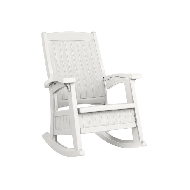 Suncast Chaise Berçante d'Extérieur avec Rangement de 7 gal. en Résine à Glaçon avec texture grain de Bois. Dotée d'Un Dossier Haut avec Lattes Verticales, de Larges Accoudoirs et d'Un Siège Qui Se Rehausse pour Révéler 7 gallons de Rangement. Résistante aux UV et Conçue de Façon Ergonomique pour des Sièges Confortables à l'Extérieur, pour la Chambre de Bébé Ou le patio.