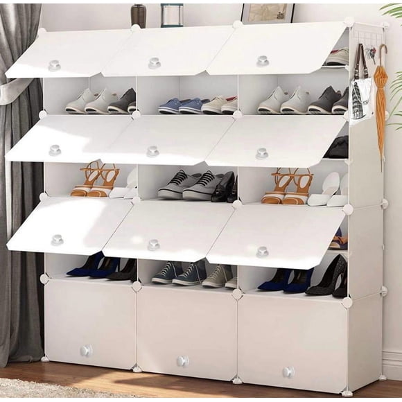 AGASY Shoe Rack, 24 Tiers Shoe Storage Cabinet 48 Pair Plastic Shoe Shelves Organizer for Closet Hallway Bedroom Entryway (12 Cubes, White Opaque)
