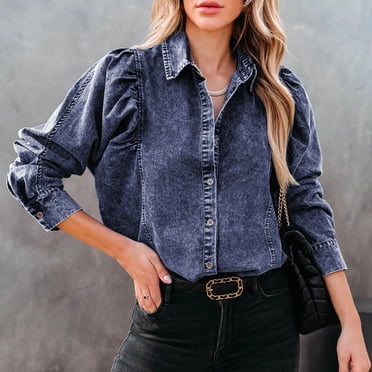 VKOYWKM Veste en Jean pour Femmes Tendance à Manches Longues Bouffantes Manteau en Denim à Col Boutonné Manteau en Jean Usé Effiloché