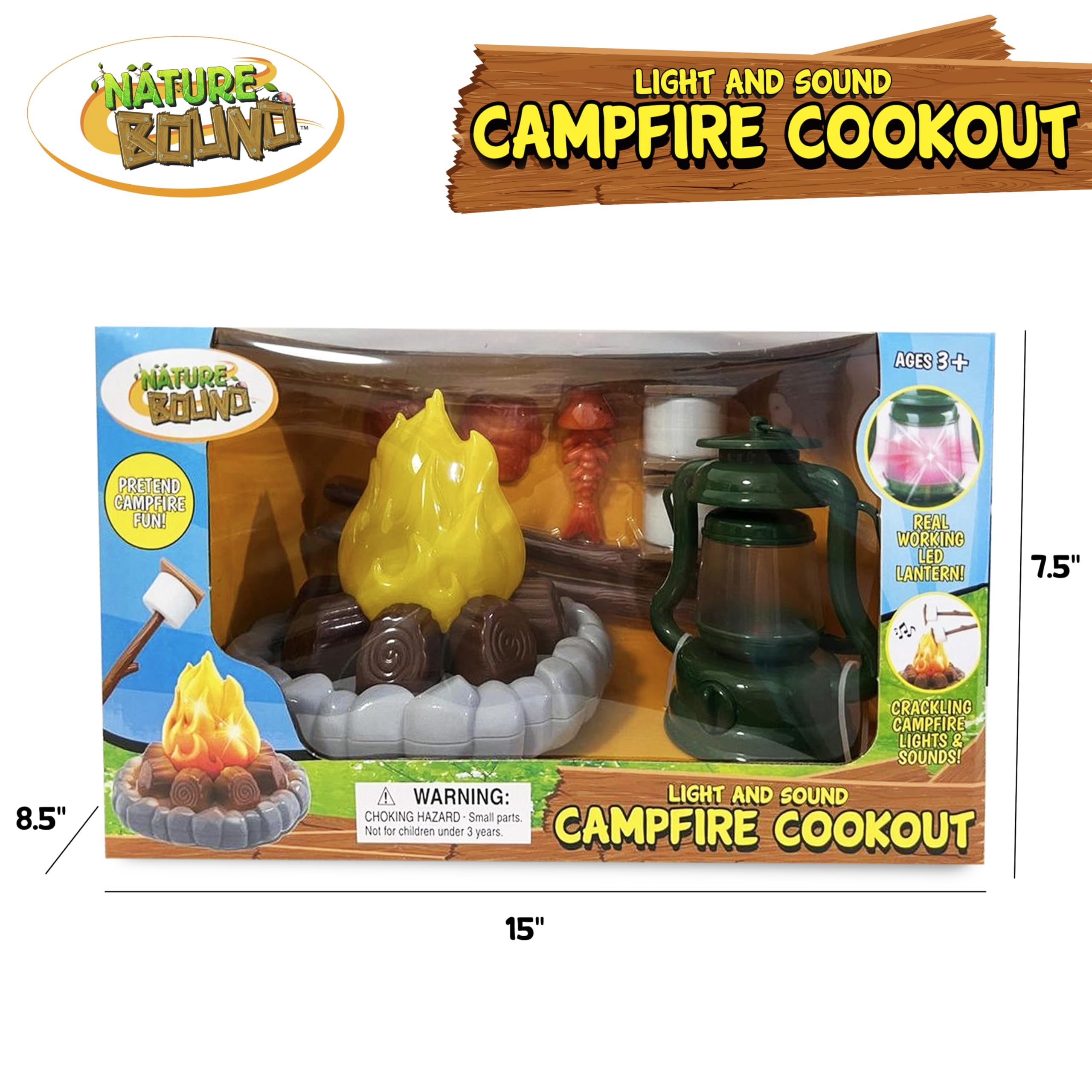Nature Bound – Ensemble de camping pour enfants avec feu de camp lumineux – Coffret de jeu avec lumières pour aventures intérieures et extérieures – S’mores factices, lanterne et accessoires