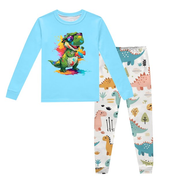 Pyjama pour Garçon, Enfants, Dinosaure Imprimé, Col Rond, Haut à Manches Longues, Pantalon, Ensemble de Pyjama 2 Pcs, Printemps Automne, Pyjama pour Enfants, Bleu Pâle, 4 Ans-5 Ans