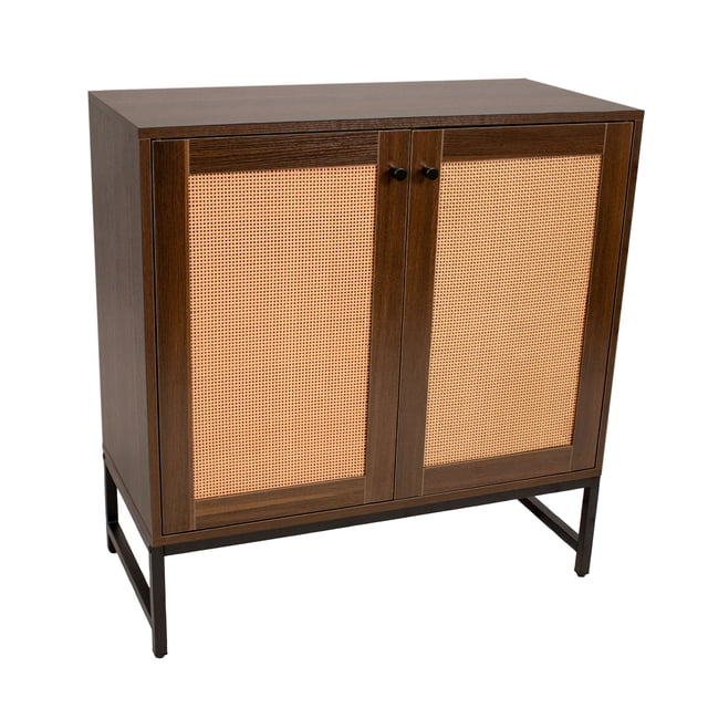 Sunnydaze 2-Door MDF Accent Cabinet with Built-In Shelf and Rattan Doors - 31.5" W x 15" D x 33" H - Dark Brown