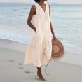thumbnail image 2 of Robes Beiges pour Femmes Couleur Unie Sans Manches Robe Douce Grande Taille Col en V Coupe Ample Tendance Vacances Robe Décontractée Maxi Mode Robe Quotidienne Gilet Bretelles Lin et Coton Robe Froncée avec Poche,m, 2 of 5