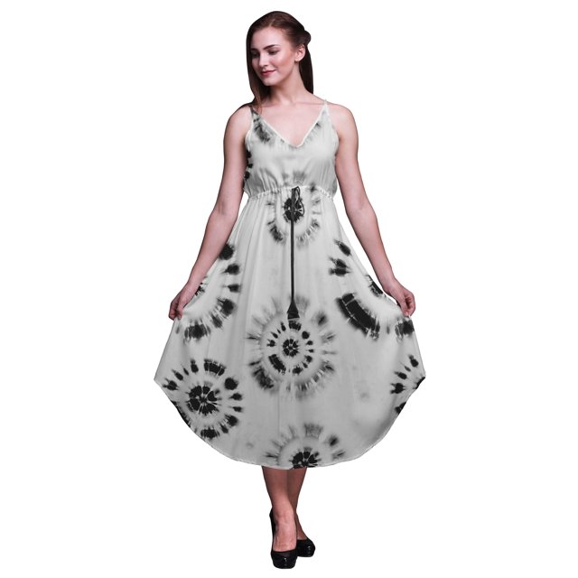 Bimba Robe de Plage Bohème Sans Manches Midi à Bretelles Imprimée Teinture sur Nœuds pour Femme - X-Grand