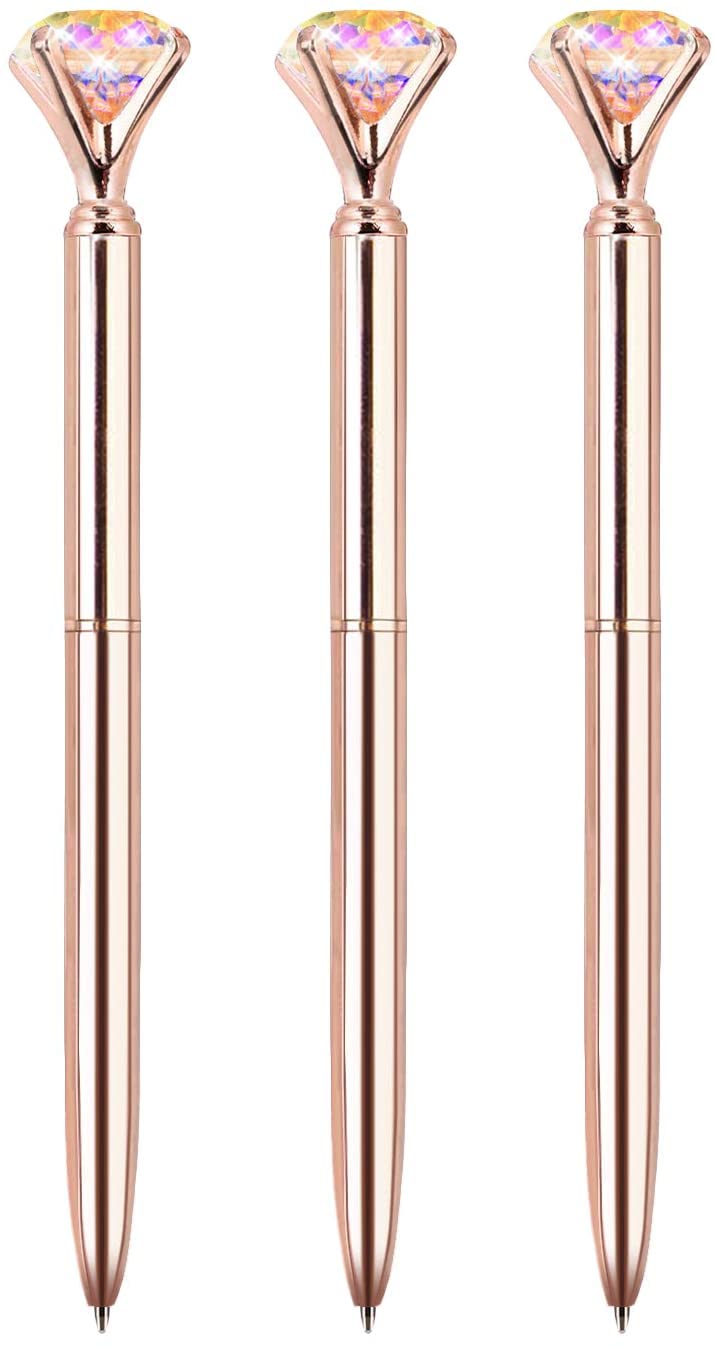 Amdohai 3 PCS Upgraded Rose Gold Diamond Ballpoint Pens with Big Colorful Diamond Bling Metal Ballpoint Pen Office Supplies Gift Pens For Christmas Wedding Birthday