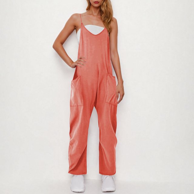 Horkkom Womens Jumpsuits Sleeveless Spaghetti Strap Rompers Loose Casual Plus Size Baggy Overalls with Pockets