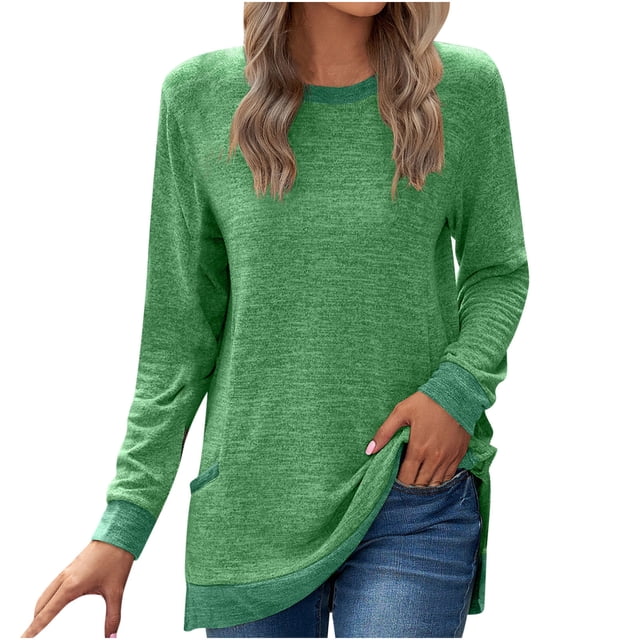 Pisexur Chandails en Molleton à Manches Longues pour Femmes Col Rond Décontracté T-Shirts Blouses Chandails en Molleton Tuniques avec Poche