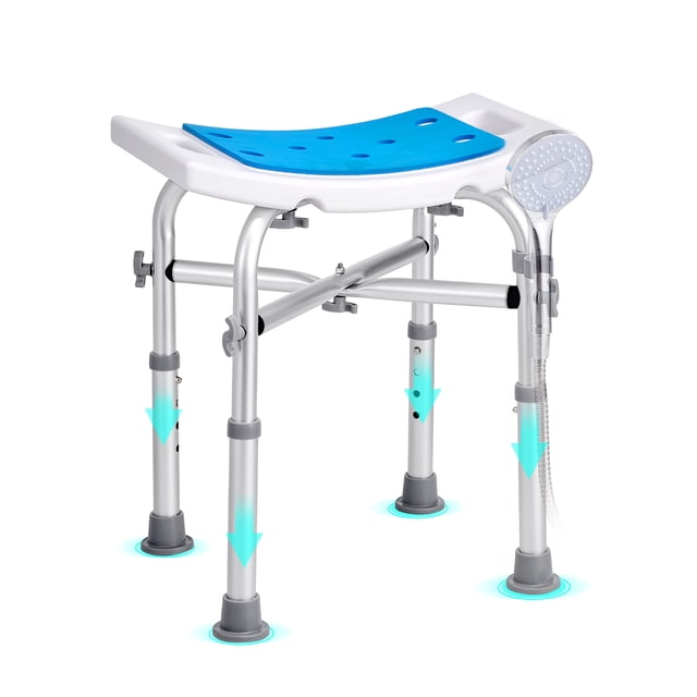 KFFKFF Bath Chair for Interior Showers, a height-modifiable shower stool with reinforced aluminum alloy support and anti-skid foot pads. Features include a curved seat with drainage holes, a shower head holder, and handles for stability. Ideal for bathroom safety for aged, disabled, and handicapped individuals, it supports up to 500 lbs and offers adjustable height settings.