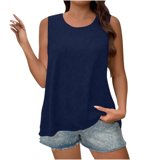 Plebaso Débardeurs 2025 pour Femmes Amples Décontractés Sans Manches Chandails Col Rond Couleur Unie Tunique d'Été Blouse