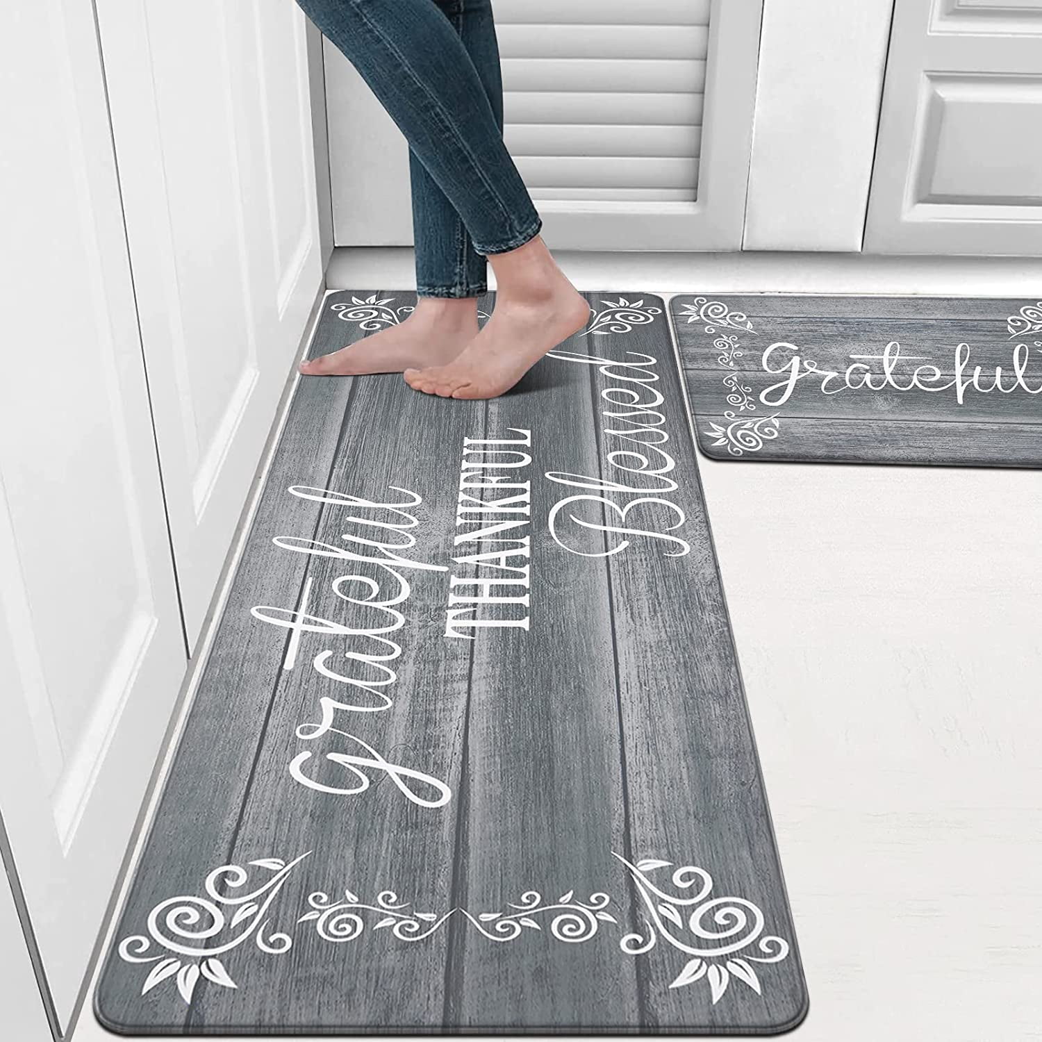 MeyJey Kitchen Rug Set of 2, Anti Fatigue Kitchen Mat 2 Pieces, Non Skid Waterproof Cushioned Floor Mat and Runner Rug, 17"x28"x0.4"+17"x48"x0.4", Gray