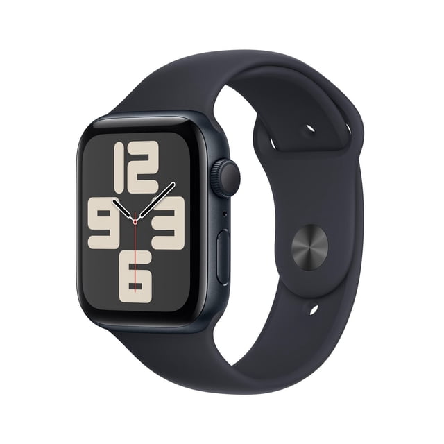 Apple Watch SE (GPS, 2e Génération) avec Boîtier en Aluminium Bleu Foncé et Bracelet sport, Affichant un Cadran avec de Grands Chiffres Beiges 12, 3, 6 et 9 et des Aiguilles Analogiques, Convient au Suivi de la Condition Physique, aux Appels et aux notifications au Poignet.
