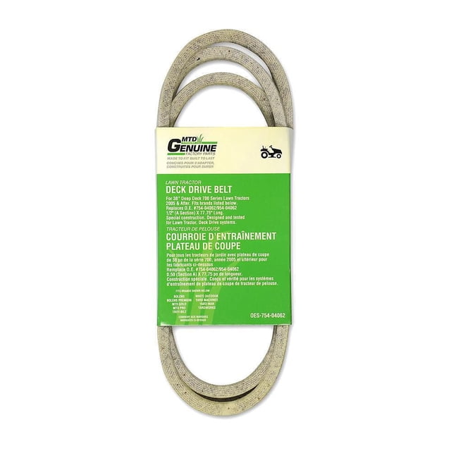 MTD Replacement 38-inch Lawn Tractor Deck Drive Belt, grey and coiled, with a green and white MTD Genuine Factory Parts label detailing fit for 38-inch 700 series lawn tractors from 2005 and newer, measuring 1/2 inch A-section by 77.75 inches long, designed for deck drive systems and replacing MTD OE #754-04062 / 954-04062, compatible with Troy-Bilt, MTD Gold, Yard-Man, and similar brands.