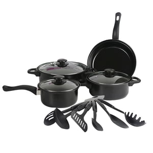 13-Piece Ensemble de cuisine en fer avec revêtement en pierre médicale - Comprend le pot de ragoût, la poêle, le pot à lait, le souper, 6 Cuillères & 3 Glass Lids, disponible en Bleu, Rouge, Violet, Noir Options