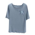 thumbnail image 3 of Liquidation & Promo, Chemise à Col Rond pour Femmes, Couleur Unie, Couche Intérieure Fine, Haut de Pyjama Décontracté, Manches Courtes, Base à Domicile, Vêtements de Nuit Confortables et Élégants, Sopatenor, 3 of 7
