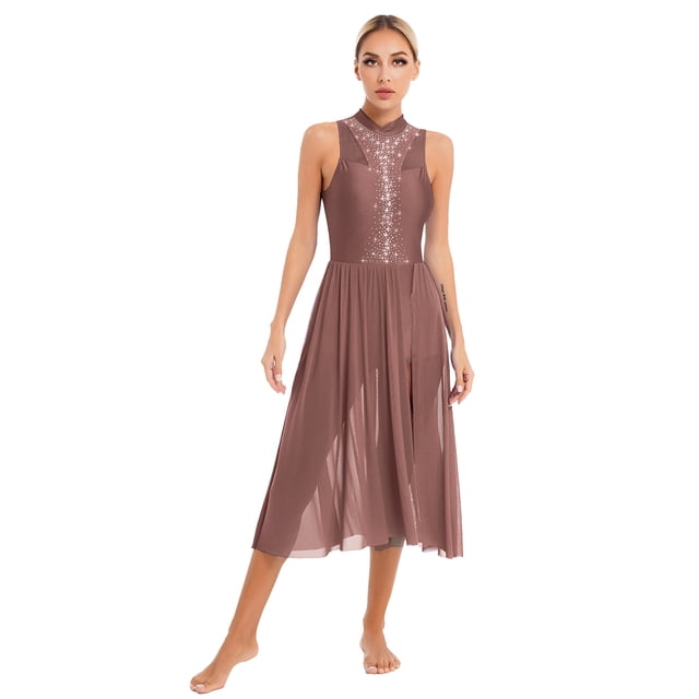 Sinleey Costumes de Danse Lyrique pour Femmes Robe Longue Fluide en Tulle Sans Manches à Sequins Moderne Contemporaine Rouge Brun TG