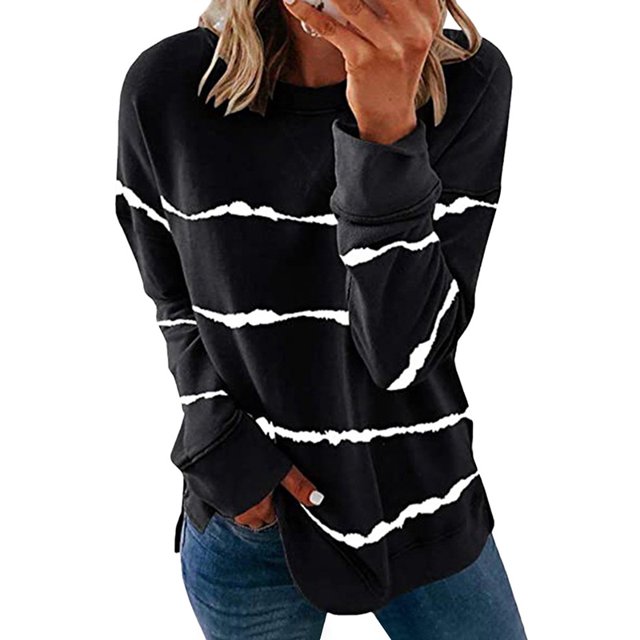 Women Long Sleeve Stripe Tie Dyed Printed Split Pullover Tops