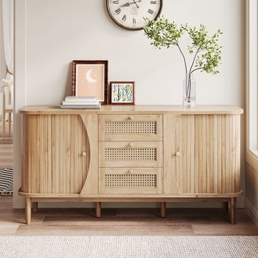 MODERNLUXE Rattan Sideboard Buffet Cabinet with Storage, Credenza Accent Cabinet with 3 Drawers,Sliding Doors and Adjustable Shelves,Coffee Bar for Kitchen, Living Room,Natural
