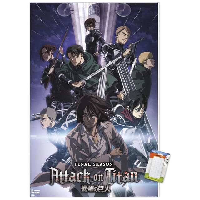 Attack on Titan: Season 4 - Key Visual 2 Wall Poster, 22.375" x 34", depicting characters in black military uniforms with maneuver gear and weapons posed before a large airship under a night sky, suitable for wall art and room décor.