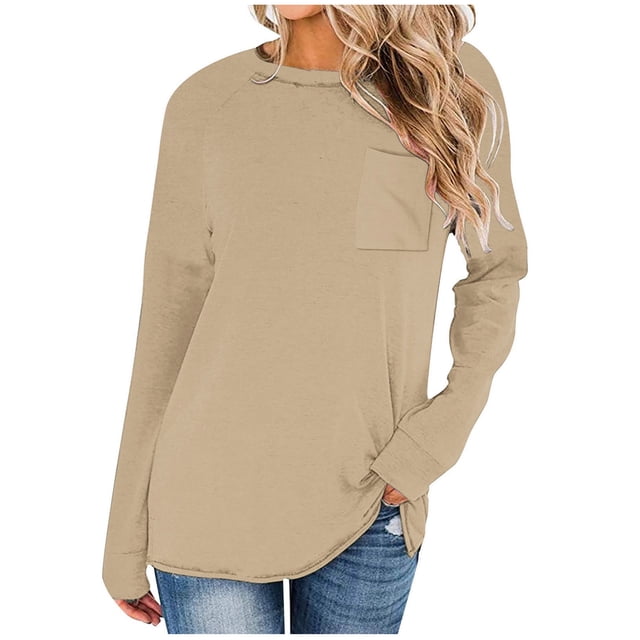 Yuyuzo Long Sleeve Shirts for Women Crew Neck Casual Basic Tees Soft Loose Solid Color Fall Tops