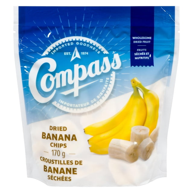 Compass Dried Banana Chips 170 g resealable bag with blue and white design, featuring fresh yellow bananas and dried banana slices, labeled as wholesome dried fruit suitable for cereals, salads, yogurt, or trail mixes.