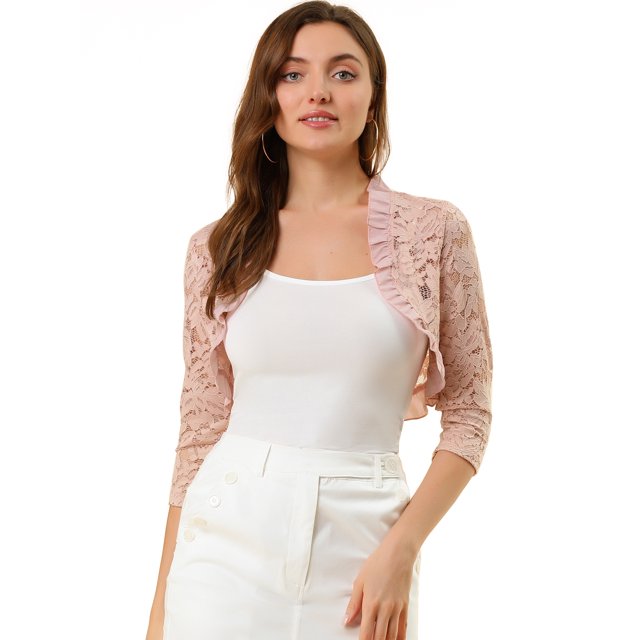 INSPIRE CHIC Women's Elegant Ruffle Collar Front 3/4 Sleeve Lace Shrug Top
