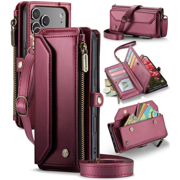 CaseMe Cuir pour iPhone 17 Pro Max Étui 6,9 Pouces Portefeuille [Blocage RFID] avec Porte-Cartes 10 Cartes Fente pour Billets à Glissière, Cuir PU Souple Sangle Magnétique d'Épaule et de Poignet pour iPhone 17 Pro Max Étui Portefeuille Femmes