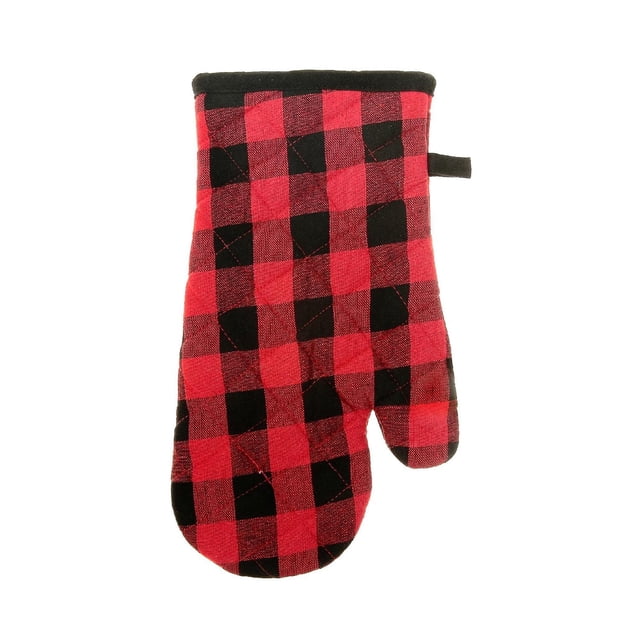 Cotton Oven Mitt (Buffalo) - Set of 2 featuring red and black buffalo check cotton fabric with a hanging loop, measuring 7.5 by 12.5 inches, designed to protect hands from hot kitchenware and ovenware, ideal for kitchen linens and decor.