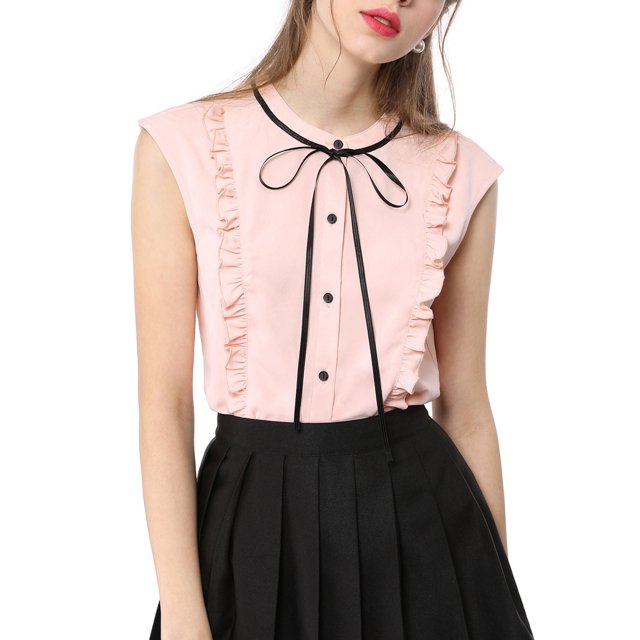 Unique Bargains Femmes Cravate Cou Cap Manches Bouton Bas Chemise d'Été à Volants