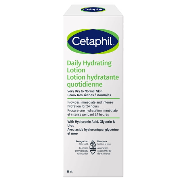 Cetaphil Lotion Hydratante Quotidienne 88 ml Boîte Vue de devant avec Texte Bilingue Mettant en Valeur une Hydratation de 24 Heures pour Peau Très Sèche à Normale, Fabriquée avec Acide Hyaluronique, Glycérine et Urée, Hydratant Reconnu par les Dermatologues Convenant aux Peaux Sensibles par l'Association Canadienne de Dermatologie.