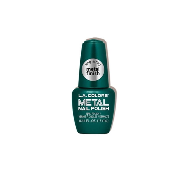 Metal Nail Polish by L.A. COLORS in a 13ml bottle with a deep green metallic shade and long-lasting metal finish label on the cap, designed for radiant nail care with bold, durable metallic shine.