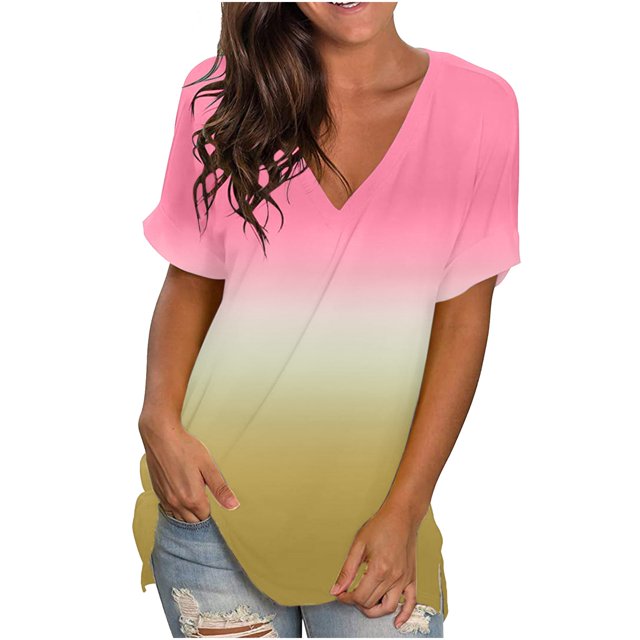 RKSTN Hauts Décontractés pour Femmes Blouse Imprimée Col en V Manches Courtes T-shirt Ample