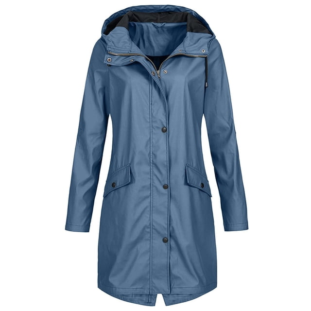 Mikilon Women's Solid Color Rain Jacket Outdoor Hooded Waterproof Windproof Long Coat in a muted blue shade. The jacket features a long length, front button closure, adjustable hood, and two front flap pockets. Made from lightweight polyester, it is designed for casual wear and suitable for spring, autumn, and winter seasons.