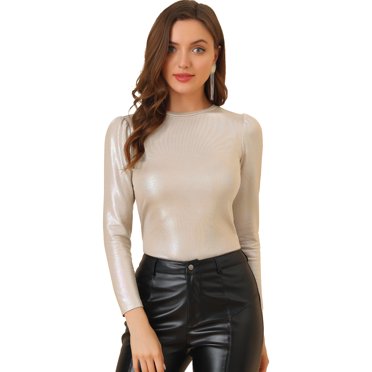 INSPIRE CHIC Haut pour Femme à Manches Longues Scintillant Pailleté Brillant Métallisé Hauts L Beige