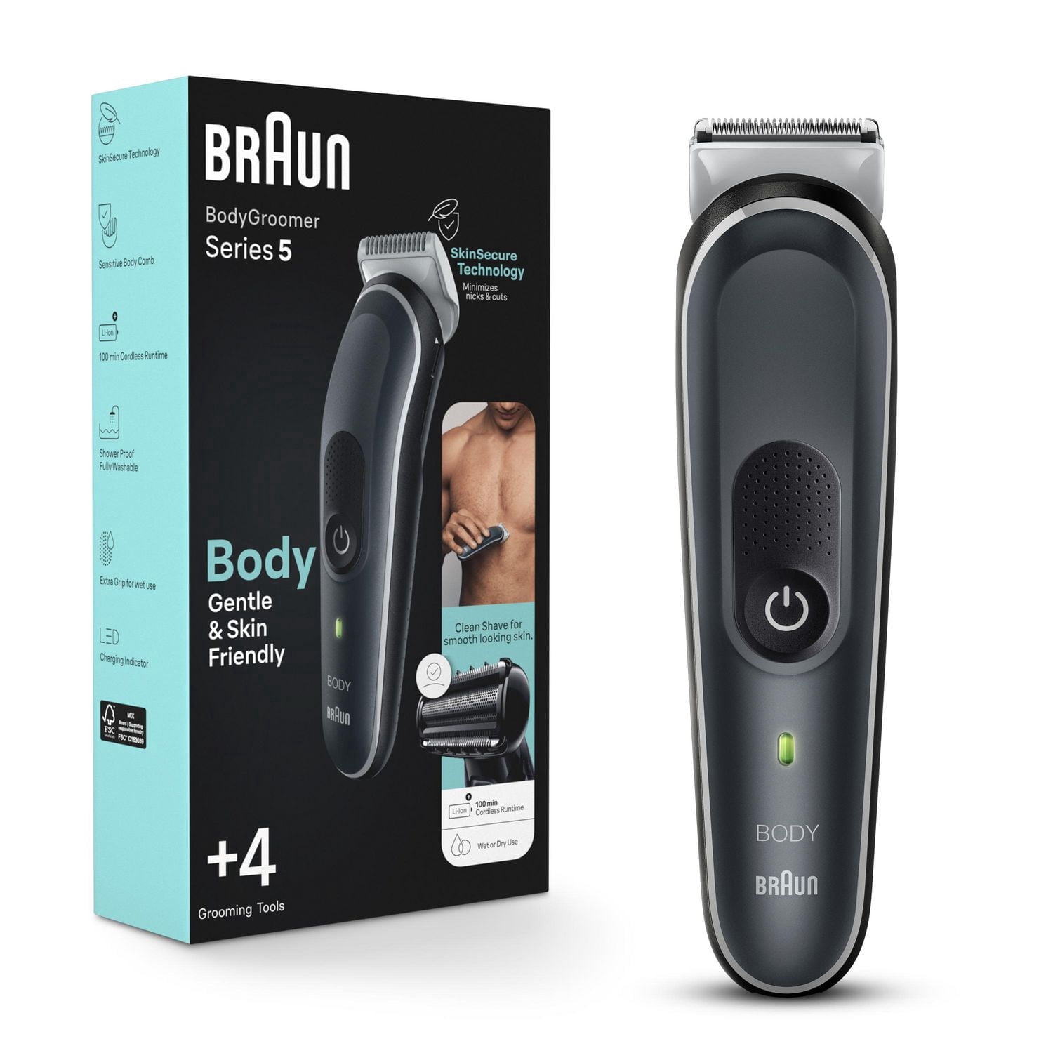 Braun Tondeuse pour le Corps Series 5 5360, Tondeuse pour le Corps pour Hommes, pour le Torse, les Aisselles, l'Aine, Toilette Masculine & Plus, Incl. 2 Sabots pour Longueurs de 1 mm - 11 mm, Technologie SkinSecure pour une Utilisation Douce et un Rasage de Près Attac