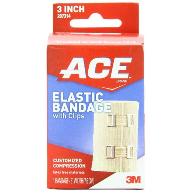 ACE Bandage Élastique avec Pinces, 3 Pouces, 1 Unité. l'Emballage Met en Valeur un Bandage Élastique beige avec des Pinces Métalliques pour une Fixation Sécurisée. Conçu pour les Entorses et les Souches, Il Offre un Soutien Ferme, une compression Personnalisée et un Traitement Antimicrobien pour Réduire les Bactéries Causant les Odeurs. Fait de Coton, de polyester et de Caoutchouc Synthétique Sans Latex, Il Conserve Son Élasticité après une Utilisation Répétée.